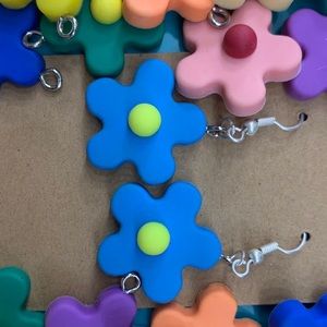 Blue and yellow flower dangle earrings